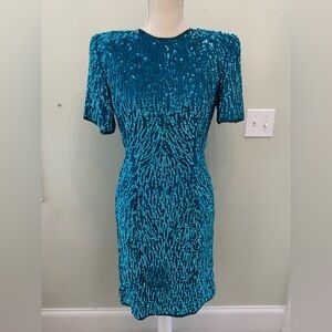 NWT STENAY VINTAGE 80’S AQUA BLUE SEQUIN SILK PARTY COCKTAIL DRESS SIZE 6 SMALL